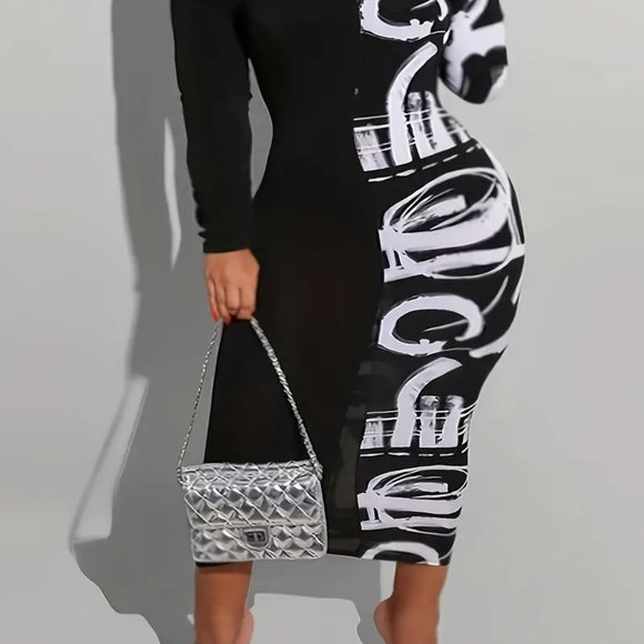 Plus Size Elegant Dress, Women's Plus Color block Graffiti Print Off Shoulder - Picture 4 of 5